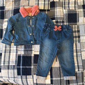 Pink Faux Fur Denim Jacket and denim pants set
